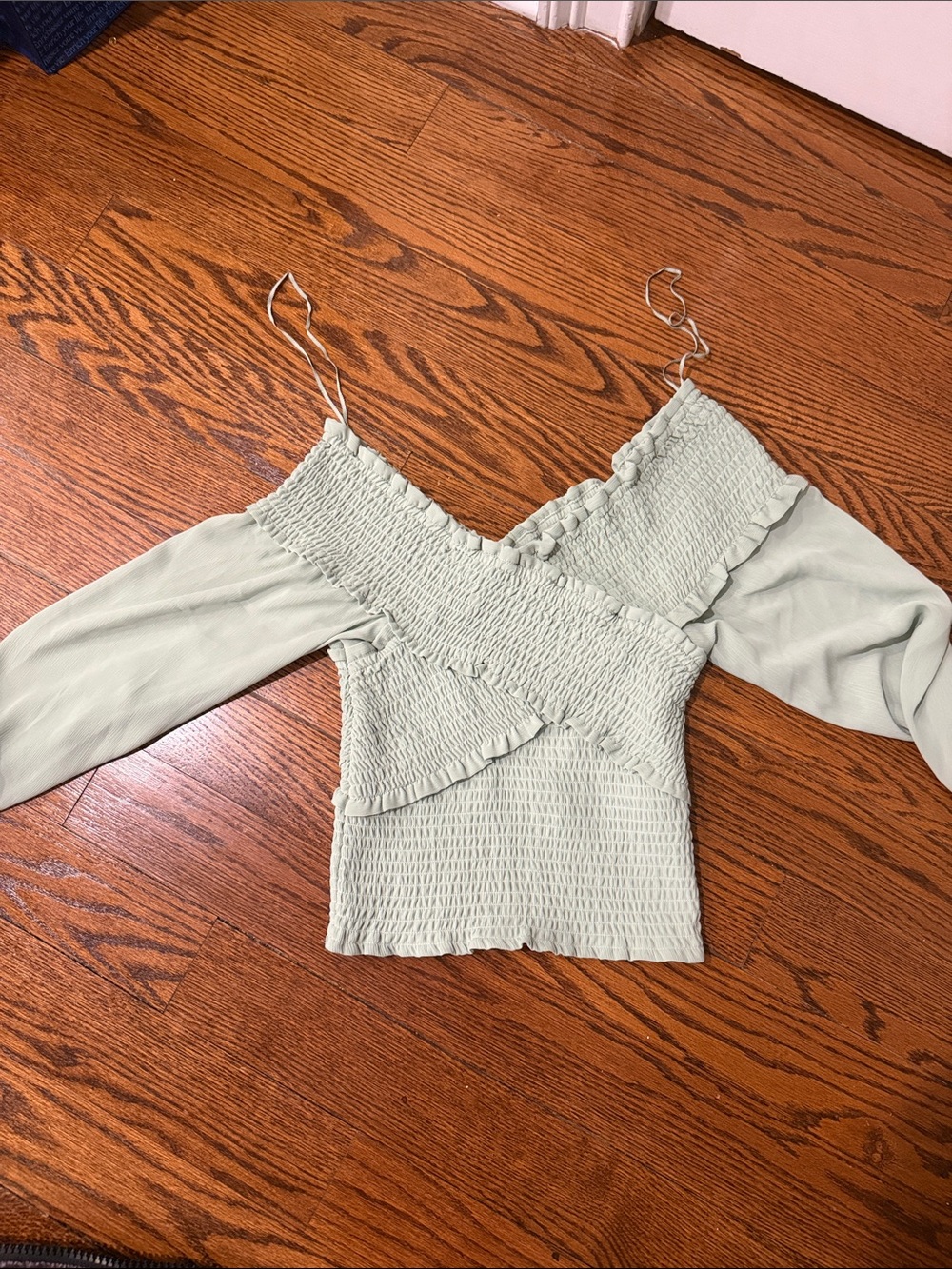 Steve Madden Sage Green Smocked Off-Shoulder Blouse